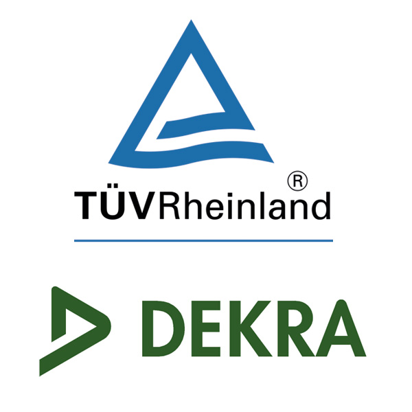 Logos von TÜV Rheinland (blaues Dreieck mit geschwungenen Linien über dem Text) und DEKRA (grünes Dreiecksymbol links neben grünem Text), beides renommierte Zertifizierungs- und Prüforganisationen in Bereichen wie Autolackierung.