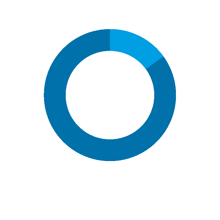 Blaues Donut-Diagramm mit 15 %, beschriftet auf Deutsch als Anteil der Meister innerhalb des Unternehmens Lackierzentrum Krefeld.